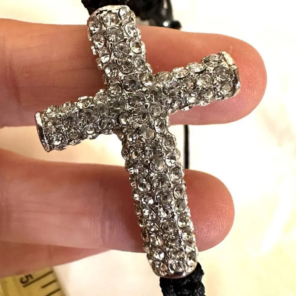 Rhinestone cross black cord adjustable bracelet